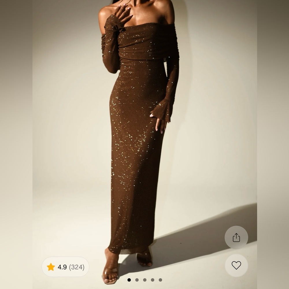 Meshki Marcel Off Shoulder Diamanté Maxi Dress in Chocolate